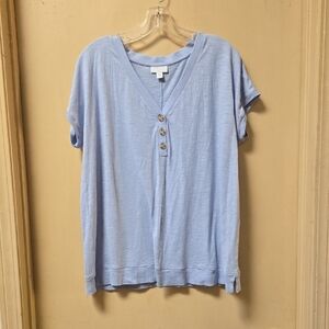 J. Jill Light Blue Buttoned Short Sleeve Tee